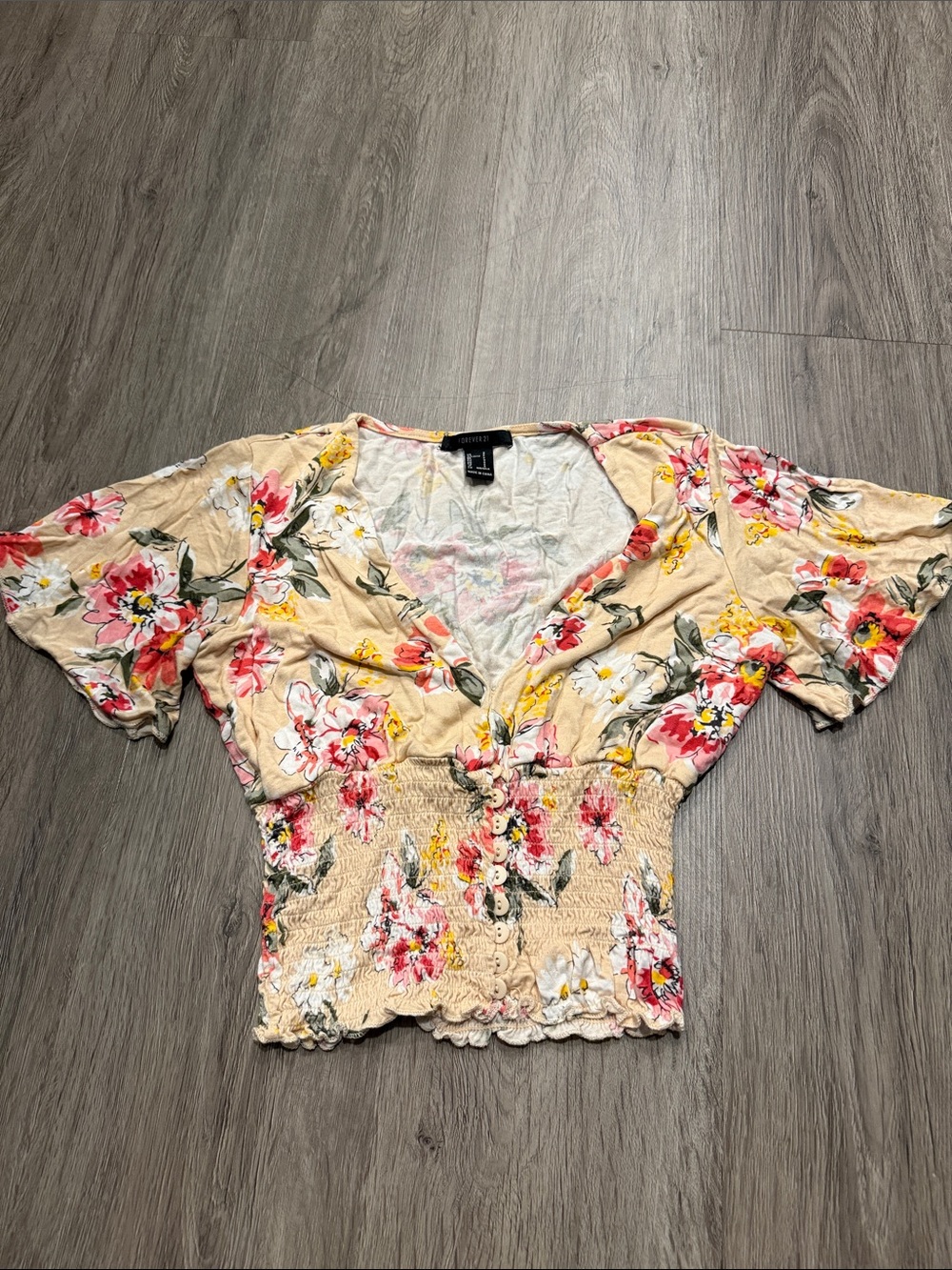 Forever 21 Beige Floral Smocked Peplum Top with Pink and Yellow Flowers
